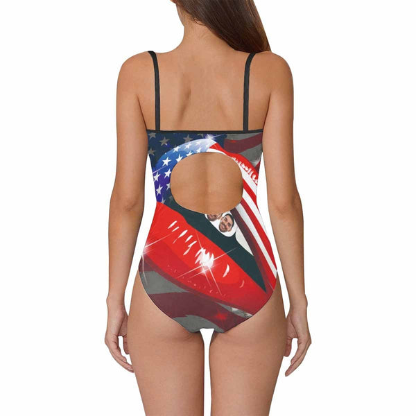 Custom Husband Face American Flag Women's Slip One Piece Swimsuit