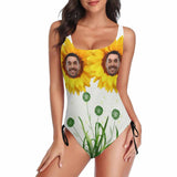 Custom Face Sunflower Swimsuits Personalized Women's New Drawstring Side One Piece Bathing Suit Honeymoon Party For Her