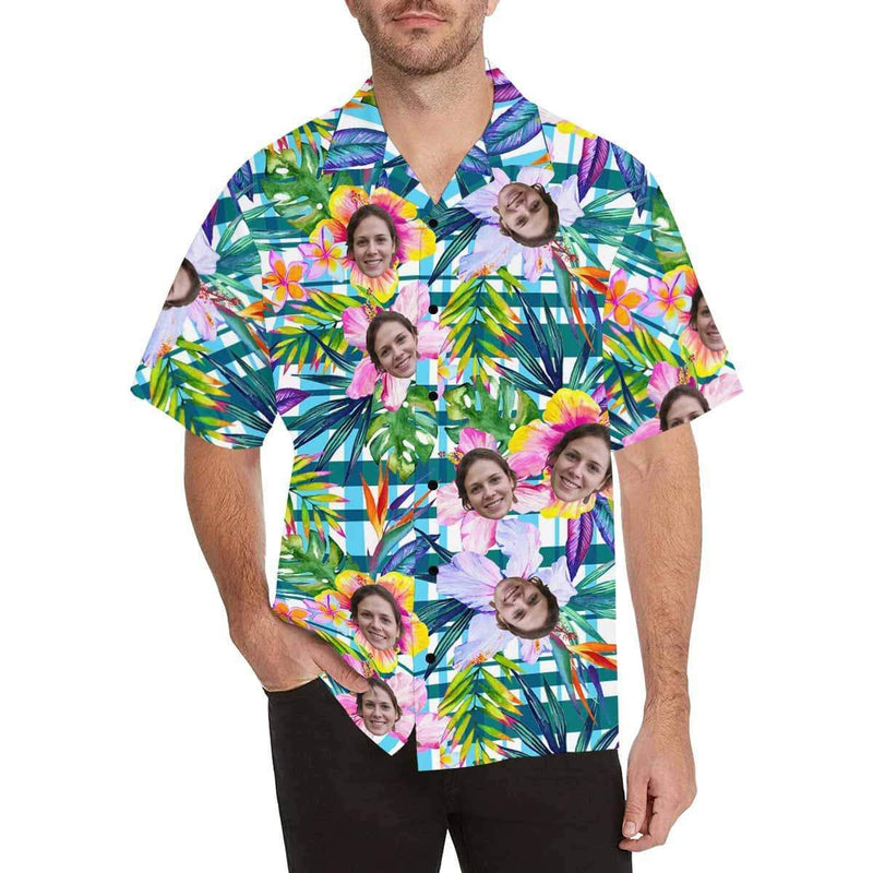 Custom Print Hawaiian Shirt with Face Flamingo Leaves Create Your Own Tropical Aloha Shirt Birthday Vacation Party Gift