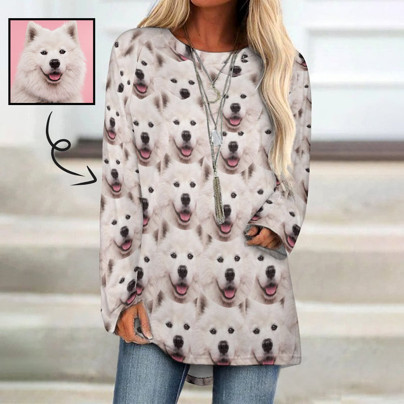 Custom Pet Face Women's T-Shirt Personalized BL Long Round Neck Long Sleeve T-Shirt