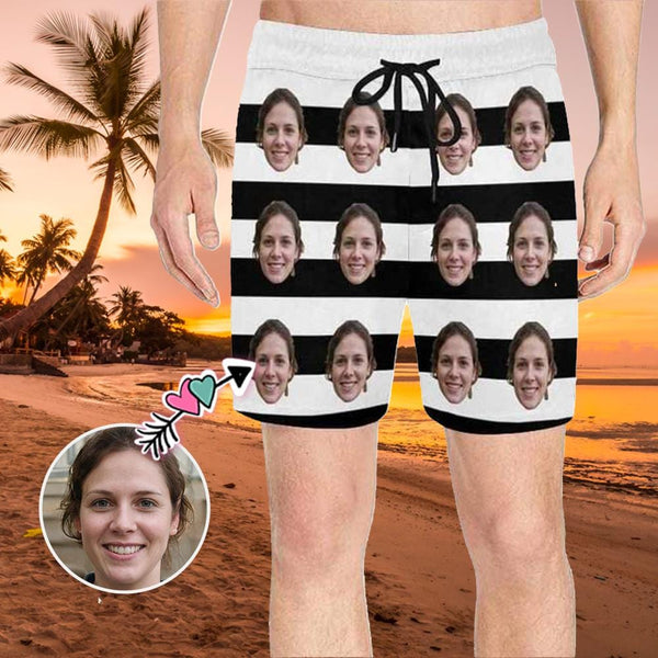 Custom Face White Black Stripes Men's Quick Dry Swim Shorts, Personalized Funny Swim Trunks