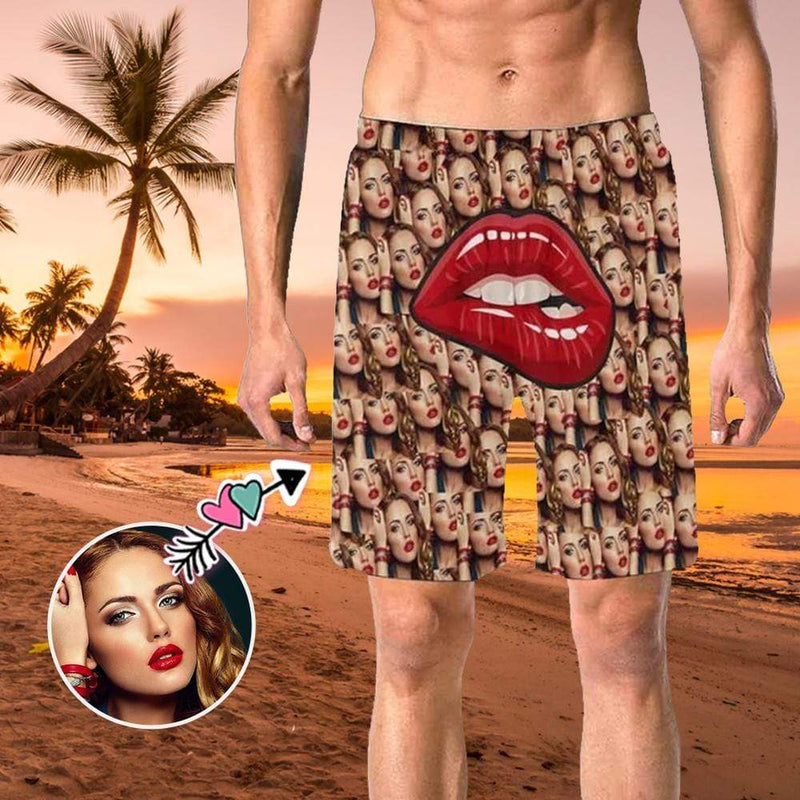 Custom Girlfriend Face Big Mouth White Personalized Photo Men's Elastic Beach Short