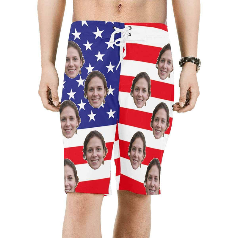 Custom Face Flag White Star Personalized Photo Swim Shorts Men's Beach Short-Drawstring Short