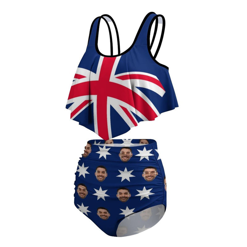 Custom Tankinis Face Australian Flag Bikini Personalized Women's High Waisted Swimsuit Ruffled Top Bathing Suits