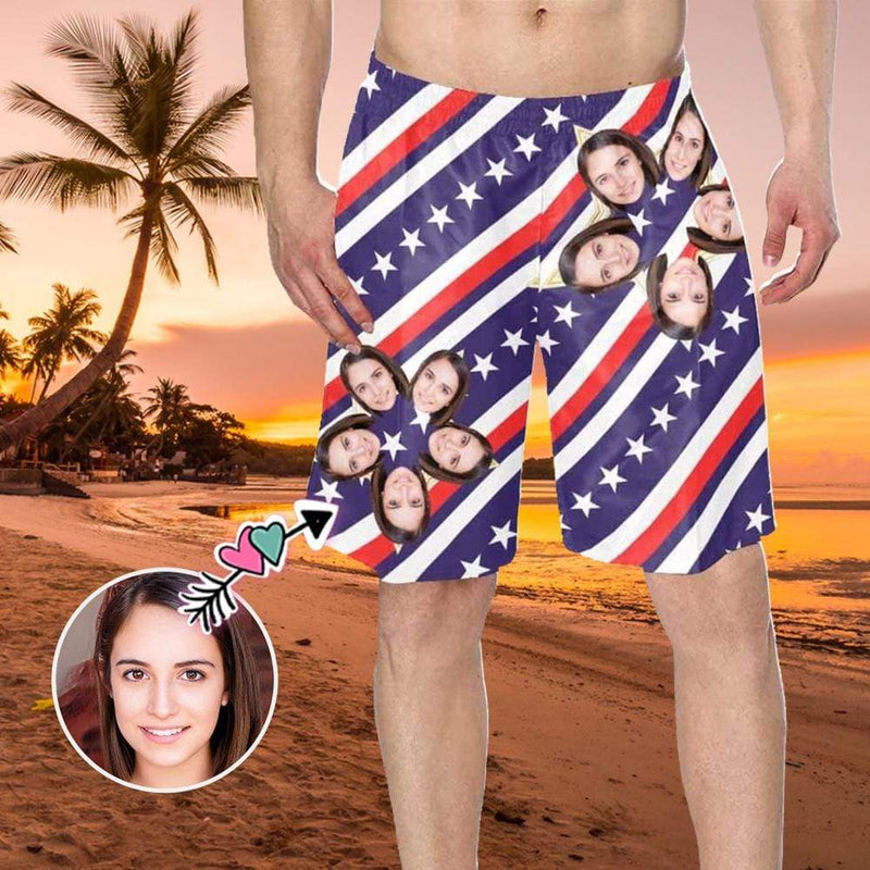 Custom Face Stars Stripes Personalized Photo Men's Elastic Beach Short