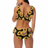 Custom Face Sunflower Black Bikini Personalized Women's Chest Strap Bikini Swimsuit