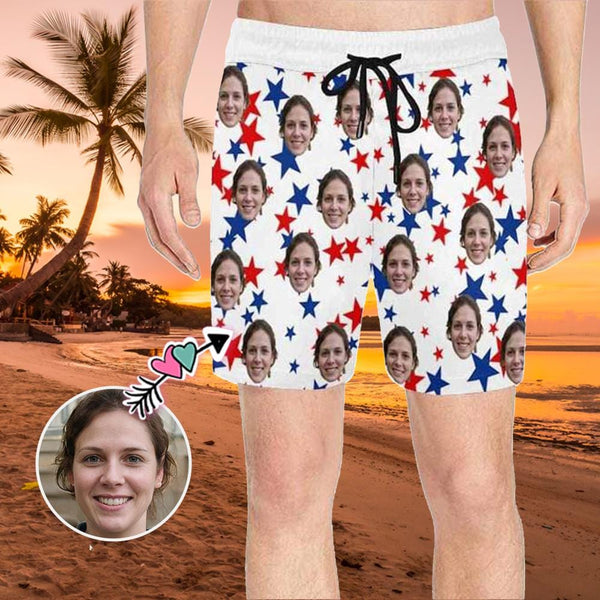 Custom Face Stars Men's Quick Dry Swim Shorts, Personalized Funny Swim Trunks