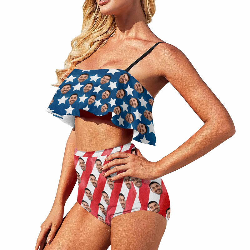 [Top Selling] Custom Face American Flag Personalized Bikini Swimsuit Ruffle Bathing Suits Celebrate Holiday Party