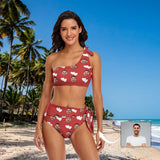 Custom Face Double White Love Red Background One Shoulder Tie Crop Top & High-Waisted Bikini