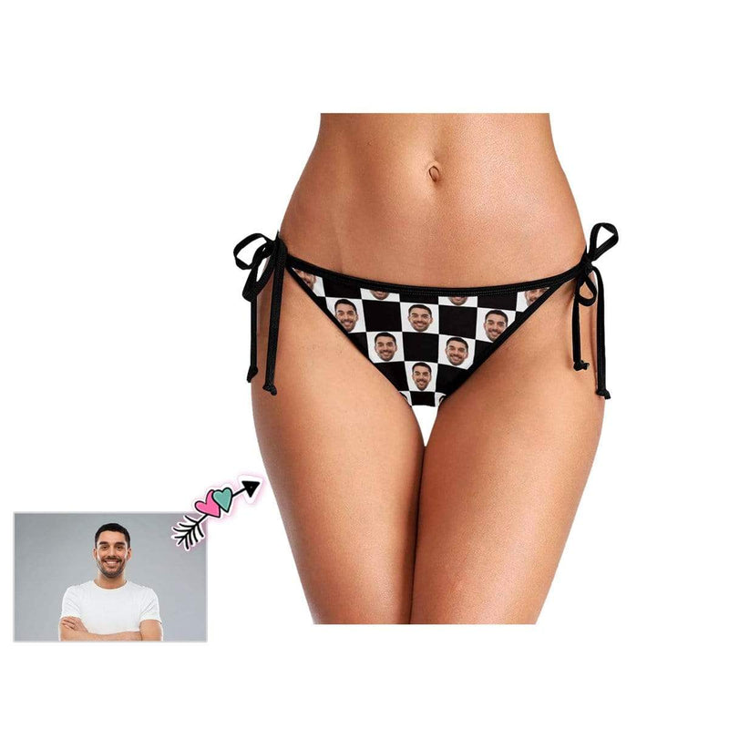 Custom Boyfriend Face Black White Lattice Personalized Bikini Swimsuit Bottom