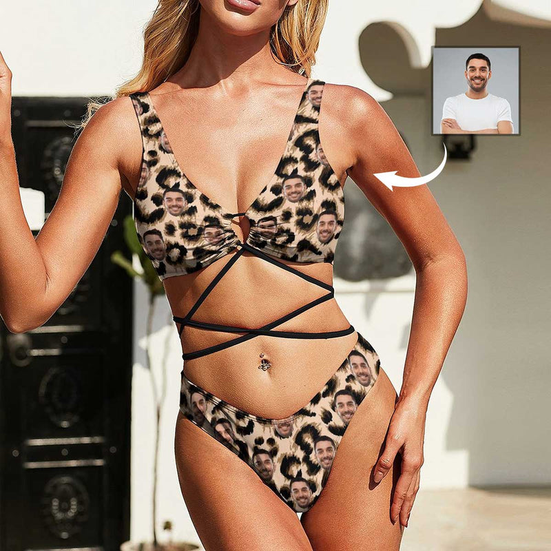 Custom Face Leopard Beautiful Personalized Sexy String Bikini Swimsuit Vacation Pool Party