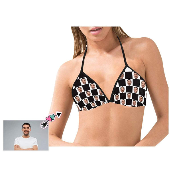 Custom Boyfriend Face Black White Plaid Personalized Bikini Swimsuit Top