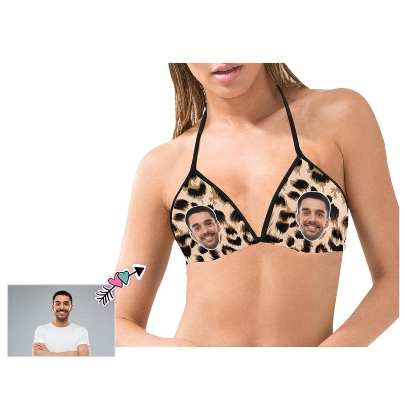 Custom Boyfriend Face Leopard Personalized Bikini Swimsuit Top