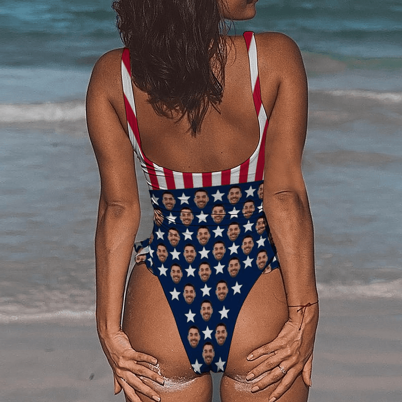 #Flagbathingsuit#Independence Day-Custom Face Stars&Stripes Swimsuit Personalized Women's Ruffle One Piece Bathing Suit Celebrate Holiday