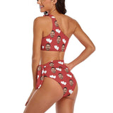 Custom Face Double White Love Red Background One Shoulder Tie Crop Top & High-Waisted Bikini