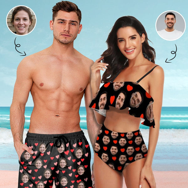 Custom Face My Lover Red Heart Couple Matching Swimsuit Women's Bathing Suit & Men's Swim Shorts