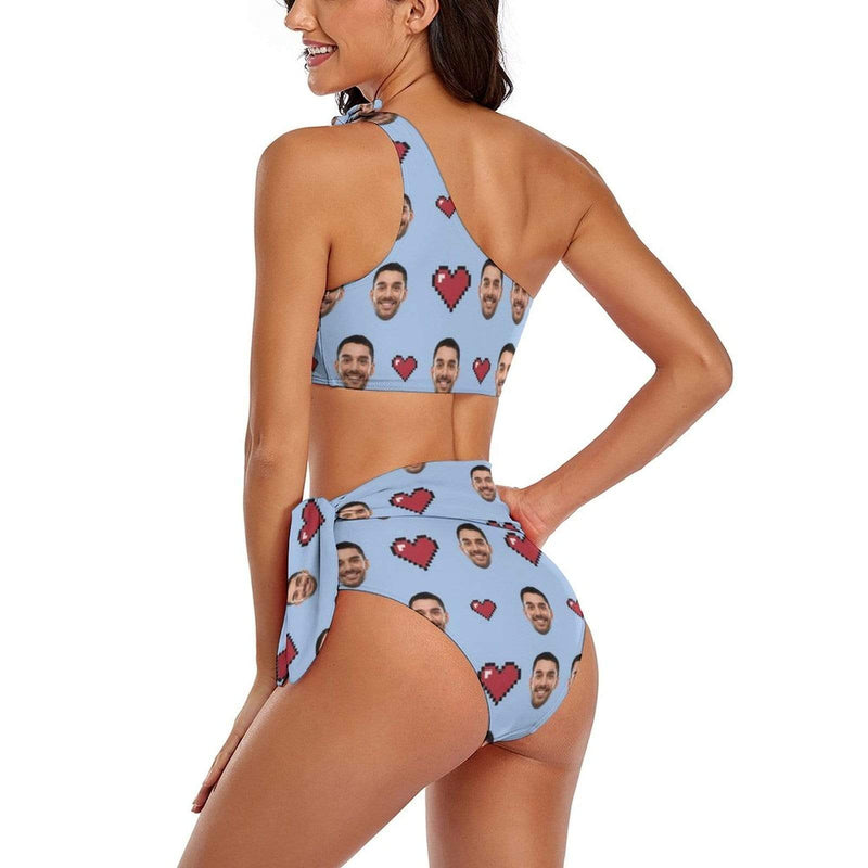 Custom Face Heart Personalized Bathing Suit One Shoulder Tie Crop Top & High-Waisted Bikini Swimsuit