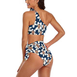 Custom Face Beautiful Flowers One Shoulder Tie Crop Top & High-Waisted Bikini