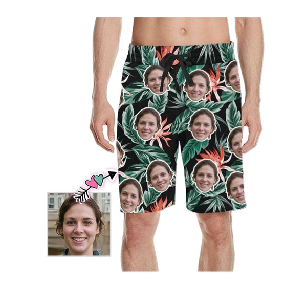 Custom Face Red Green Leaves Men's All Over Print Casual Shorts