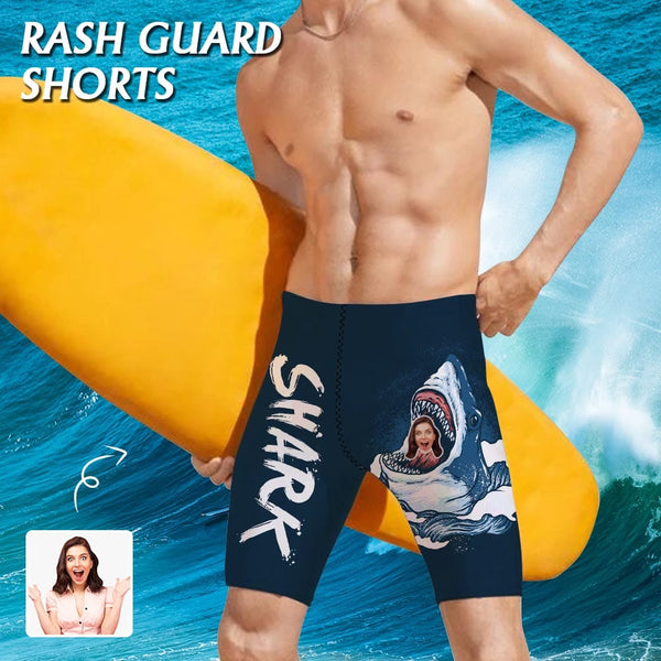 Custom Face Shark Swallowed Men's Skinny Stretch Knee Length Swim Trunks