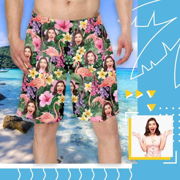 Custom Face Flamingo Flowers Personalized Photo Men's Elastic Beach Short