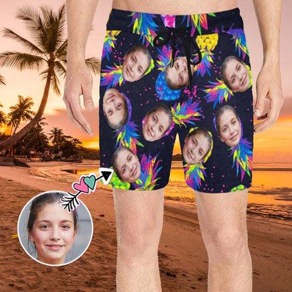 Custom Face Colorful Pineapple Men's Quick Dry Swim Shorts, Personalized Funny Swim Trunks
