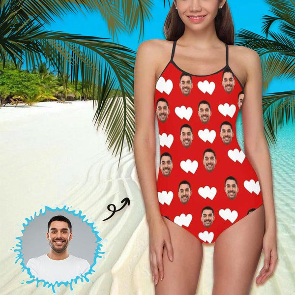 Custom Face Love Heart Red Women's Slip One Piece Swimsuit