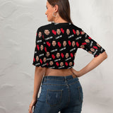 Custom Face Red Love Black Background Short Crop T-shirt