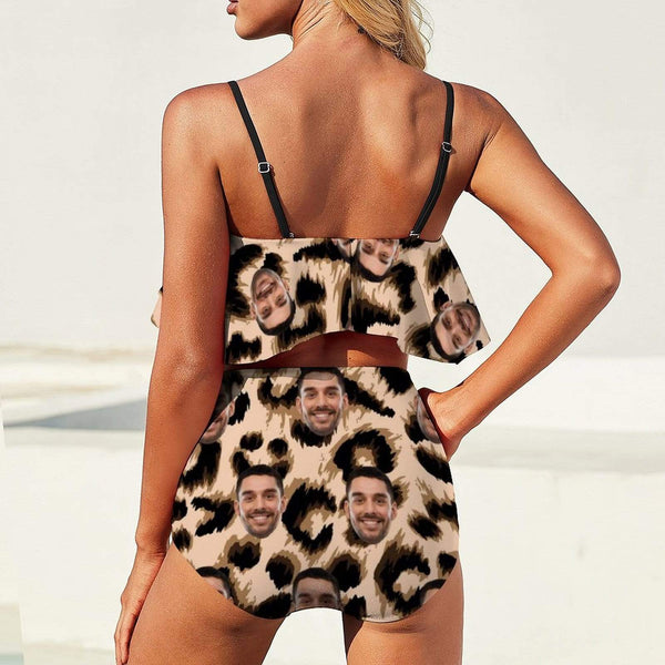 Custom Face Leopard Sexy Hot Bikini Personalized Ruffle Bathing Suits Birthday Pool Party