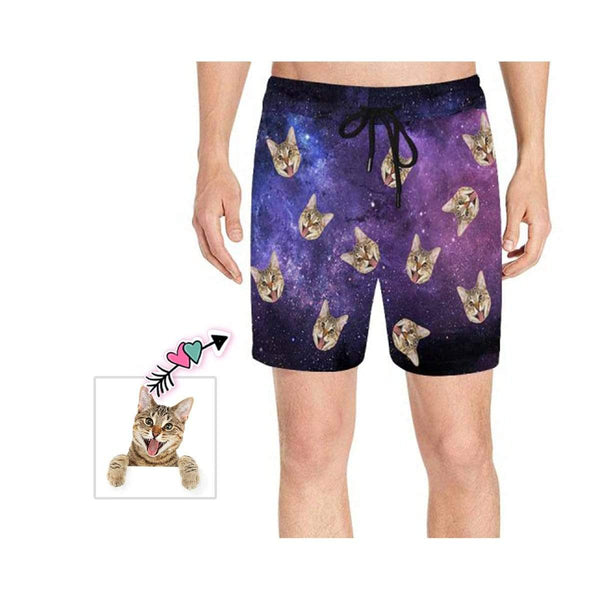 Custom Face Starry Sky Cat Men's Quick Dry Swim Shorts, Personalized Funny Swim Trunks