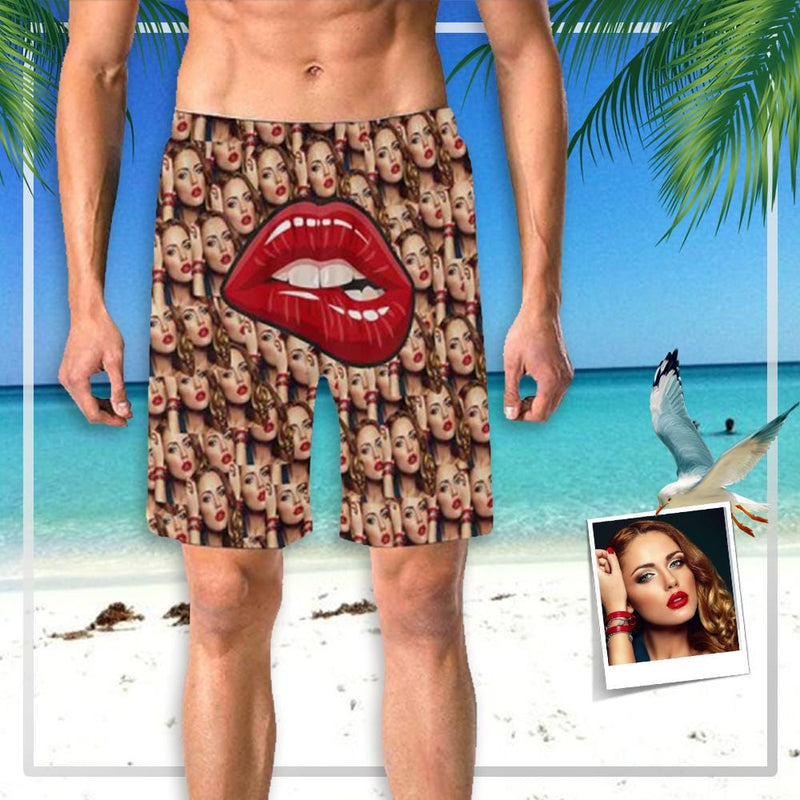 Custom Girlfriend Face Big Mouth White Personalized Photo Men's Elastic Beach Short