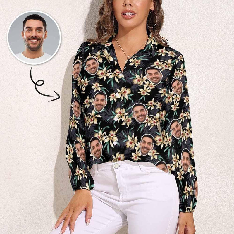 Custom Face Yellow Flower Vntage Casual Long Sleeve Hawaiian Shirts