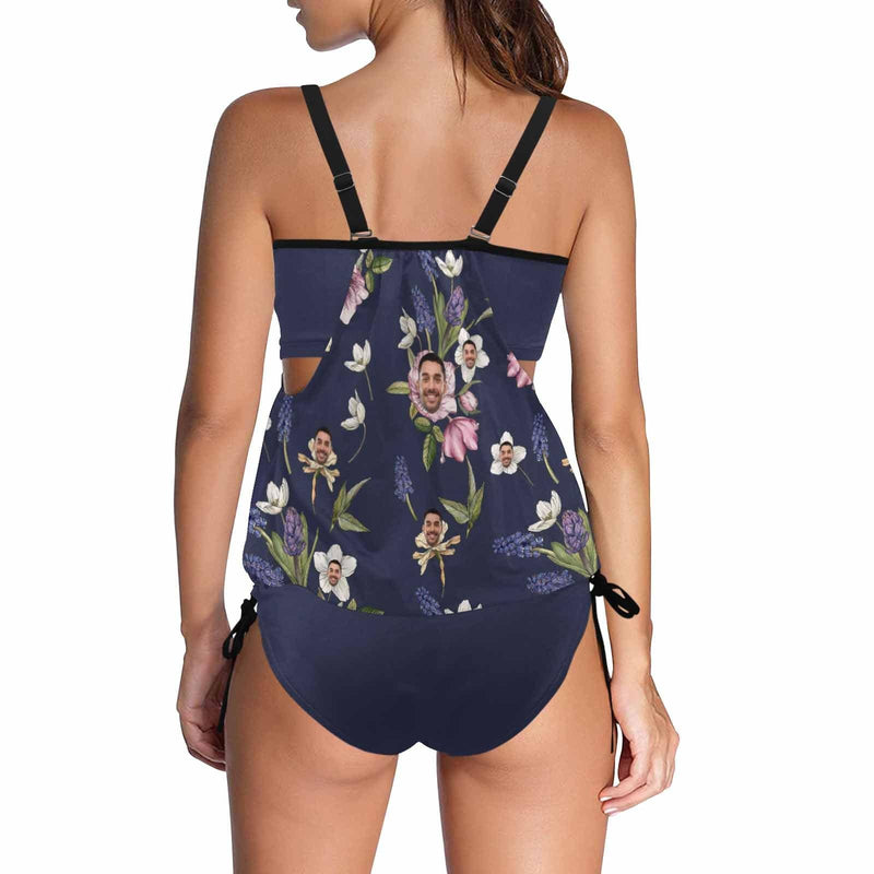 Custom Face&Name Flower Swimsuit Personalized Womens Tankini Top Sets Bikini Two Piece Bathing Suit