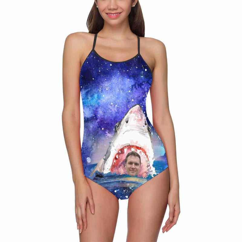 Custom Husband Face Shark Women's Slip One Piece Swimsuit