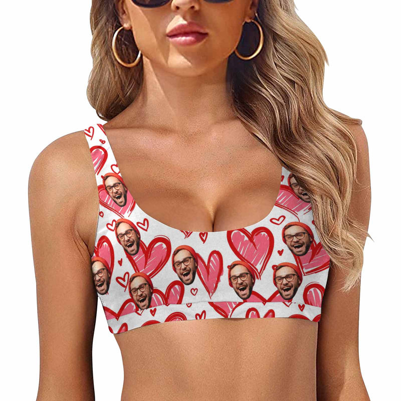 Sport Top-Custom Boyfriend Face Personalized Pink Sweet Heart Bikini Swimsuit Top