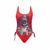 Custom Photo Swimsuit Pet Flag Hat Personalized Women's New Drawstring Side One Piece Bathing Suit Funny Gift Idea