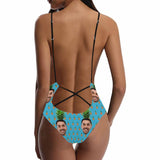 Custom Face Pineapple Women's Lacing Backless One Piece Swimsuit