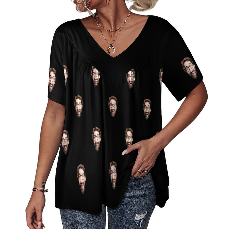 Custom Boyfriend Face Women's T-Shirt Personalized V-Neck Loose Short-Sleeved T-shirt