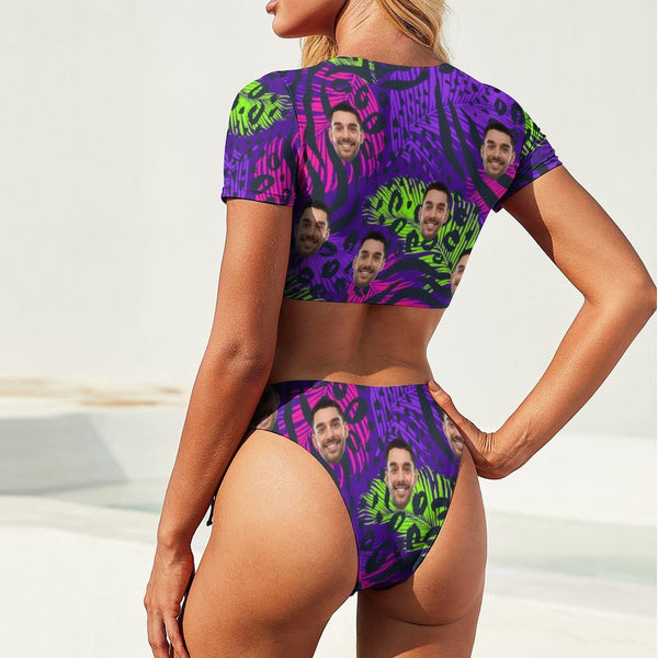 Custom Face Purple Style Swimsuit Personalized Women's New Bikini With Sleeves Summer Vacation