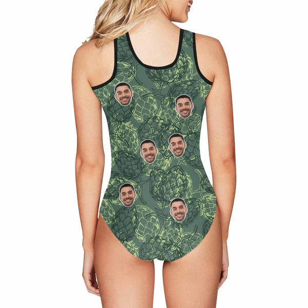 Custom Face Green Pineapple Women's Tank Top Bathing Swimsuit