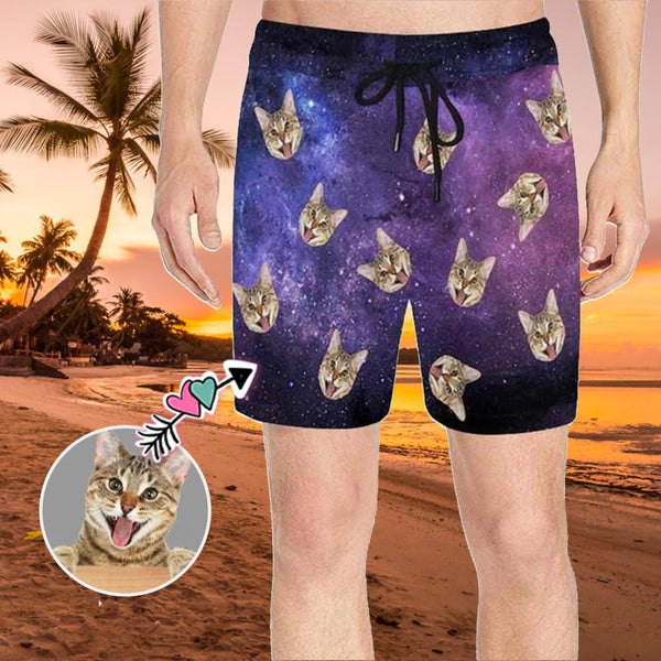 Custom Face Starry Sky Cat Men's Quick Dry Swim Shorts, Personalized Funny Swim Trunks