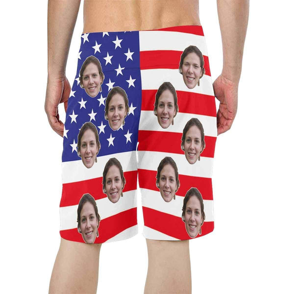 Custom Face Flag White Star Personalized Photo Swim Shorts Men's Beach Short-Drawstring Short