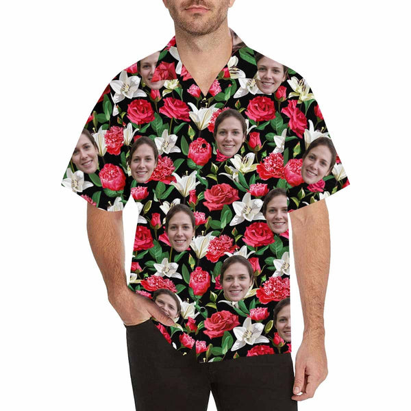 Custom Face Hawaiian Shirt Rose&Lily Flowers Design Your Own Tropical Printing Hawaiian Shirt for Husband/Boyfriend