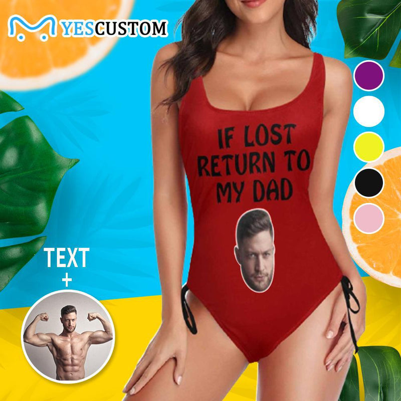 Custom Face&Text My Dad Swimsuits Personalized Women's New Drawstring Side One Piece Bathing Suit&Men's Beach Shorts Honeymoons Party