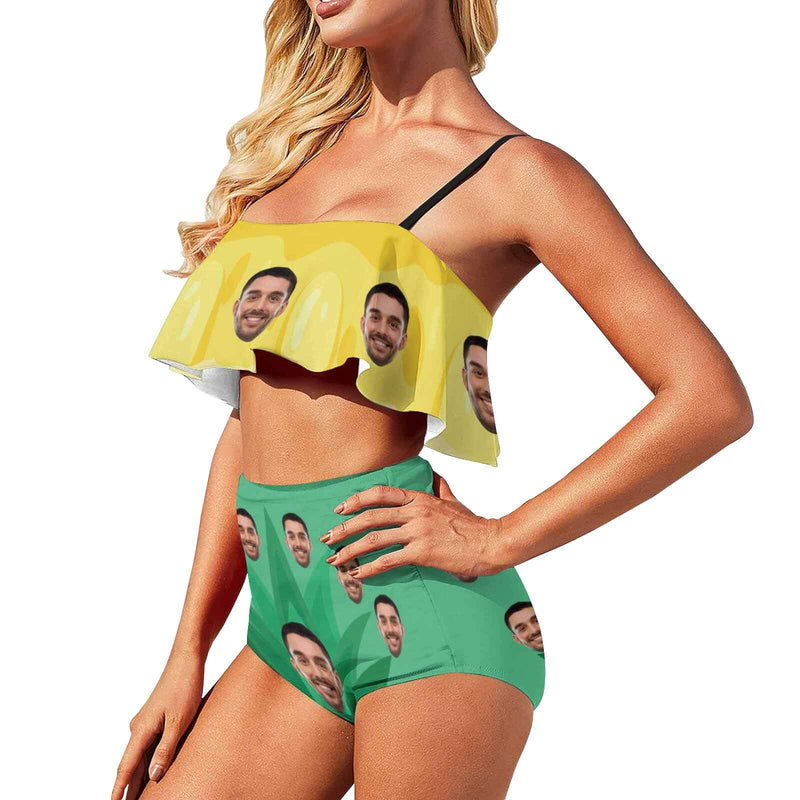 Custom Face Yellow&Green Bikini Personalized Pineapple Swimsuit Ruffle Bathing Suits Vacation Pool Party