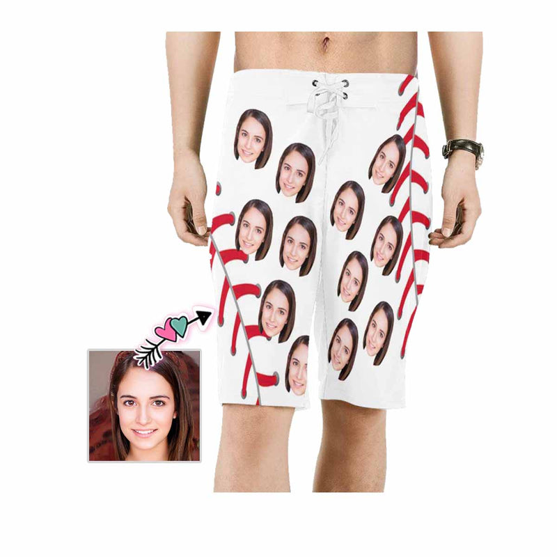 Custom Face Baseball Red White Personalized Photo Men's Beach Short-Drawstring Short