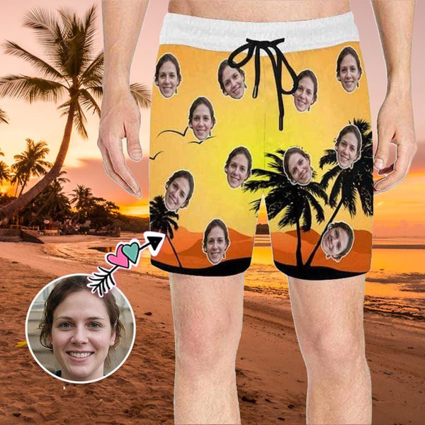 Custom Face Dusk Men's Quick Dry Swim Shorts, Personalized Funny Swim Trunks