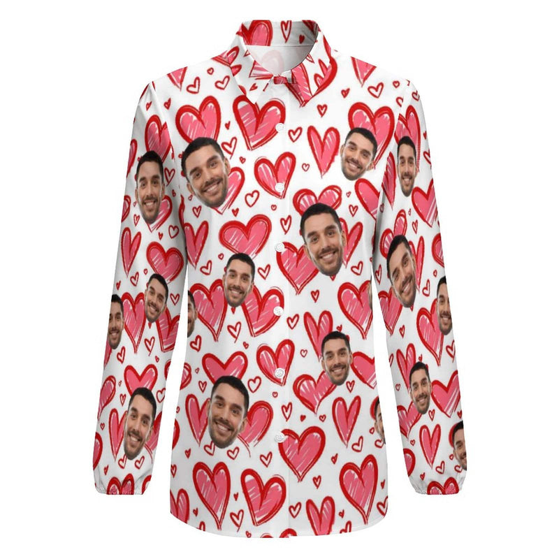 Custom Face Love Heart Vntage Casual Long Sleeve Hawaiian Shirts