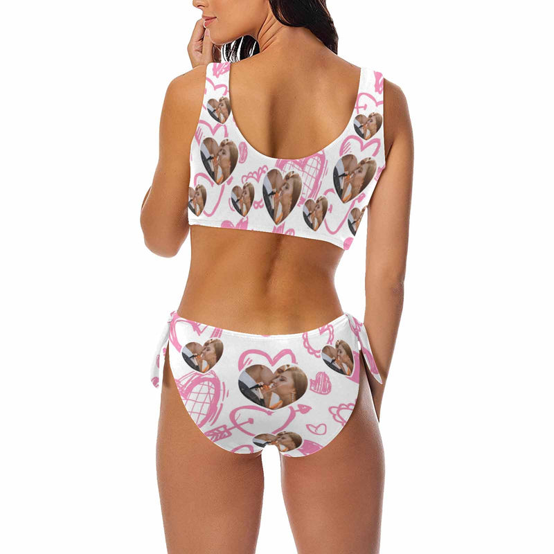 Custom Face Photo Heart Bikini Personalized Women's Chest Strap Bikini Swimsuit