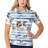 Custom Face Blue&White Horizontal Stripe Polo Shirt For Women, Personalized Photo Shirt, Customized Women's All Over Print Polo Shirt